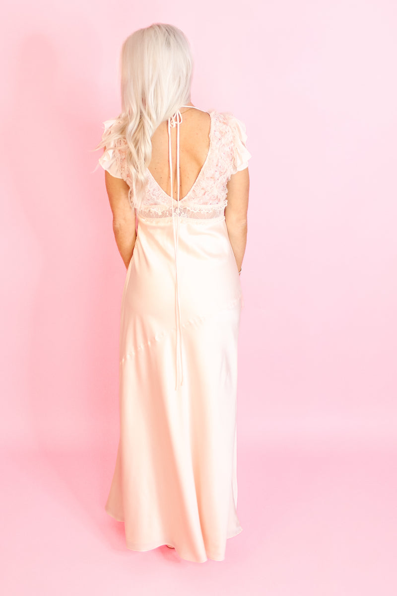 Peach Satin Maxi Dress With Rose Detail