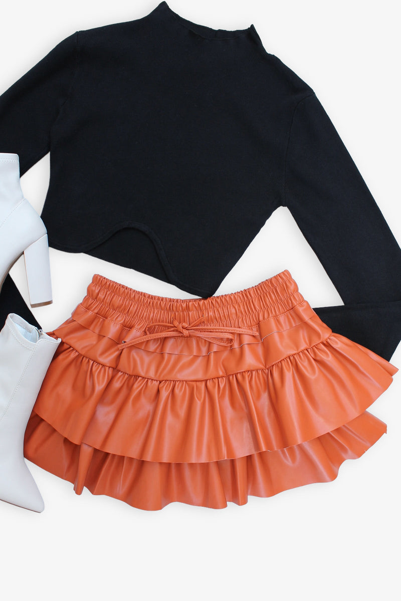 Orange Faux Leather Ruffle Tiered Skort