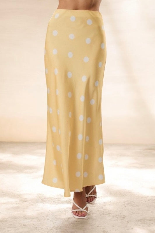 Butter Yellow Satin Polka Dot Midi Skirt - Kendry Collection Boutique