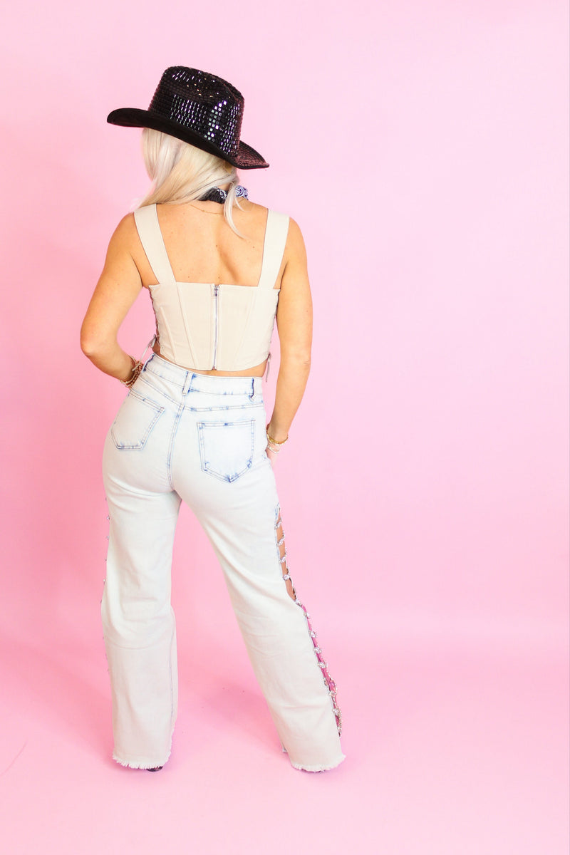Rhinestone Chain Split Hem Jeans - Shop Nashville Country Concert Outfits At Kendry Boutique 