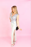 Ribbed Metallic Silver Bodysuit - ShopGirls Trip Outfits At Kendry Boutique 