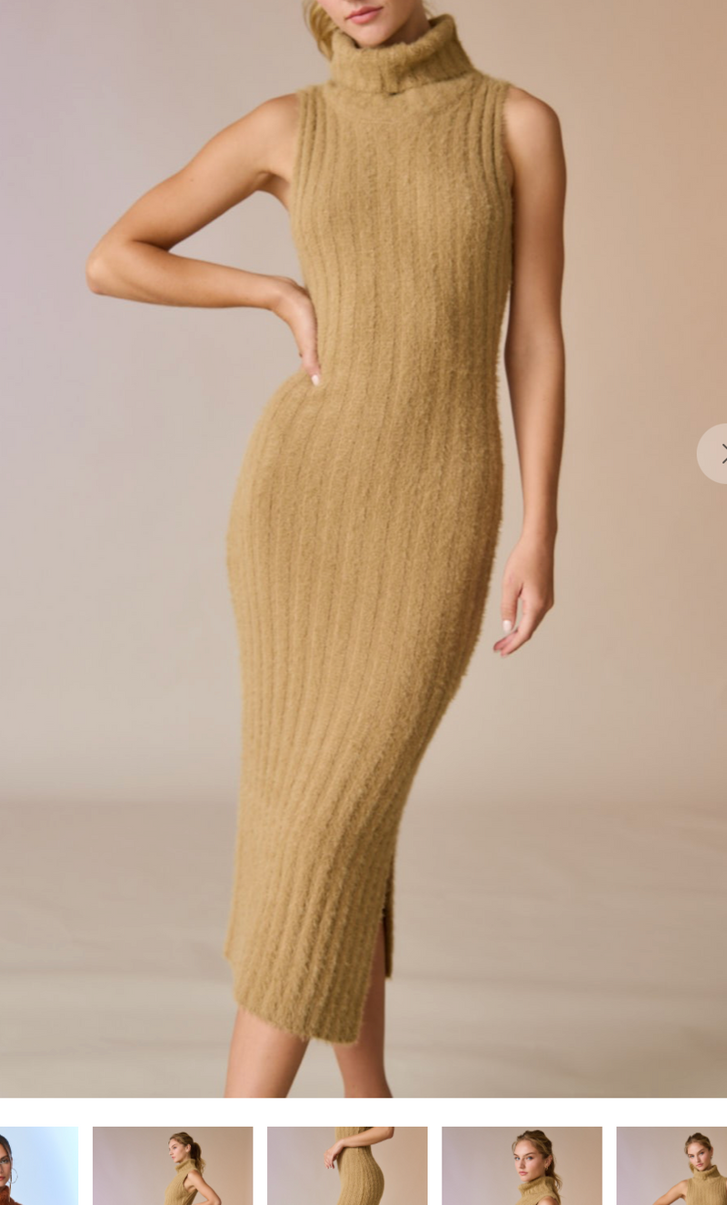 Taupe Soft Ribbed Knit Mock Neck Midi Dress