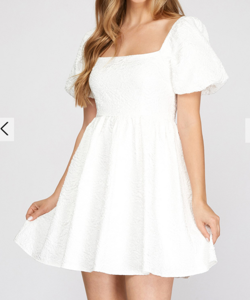 White Jacquard Floral Puff Sleeve Mini Dress