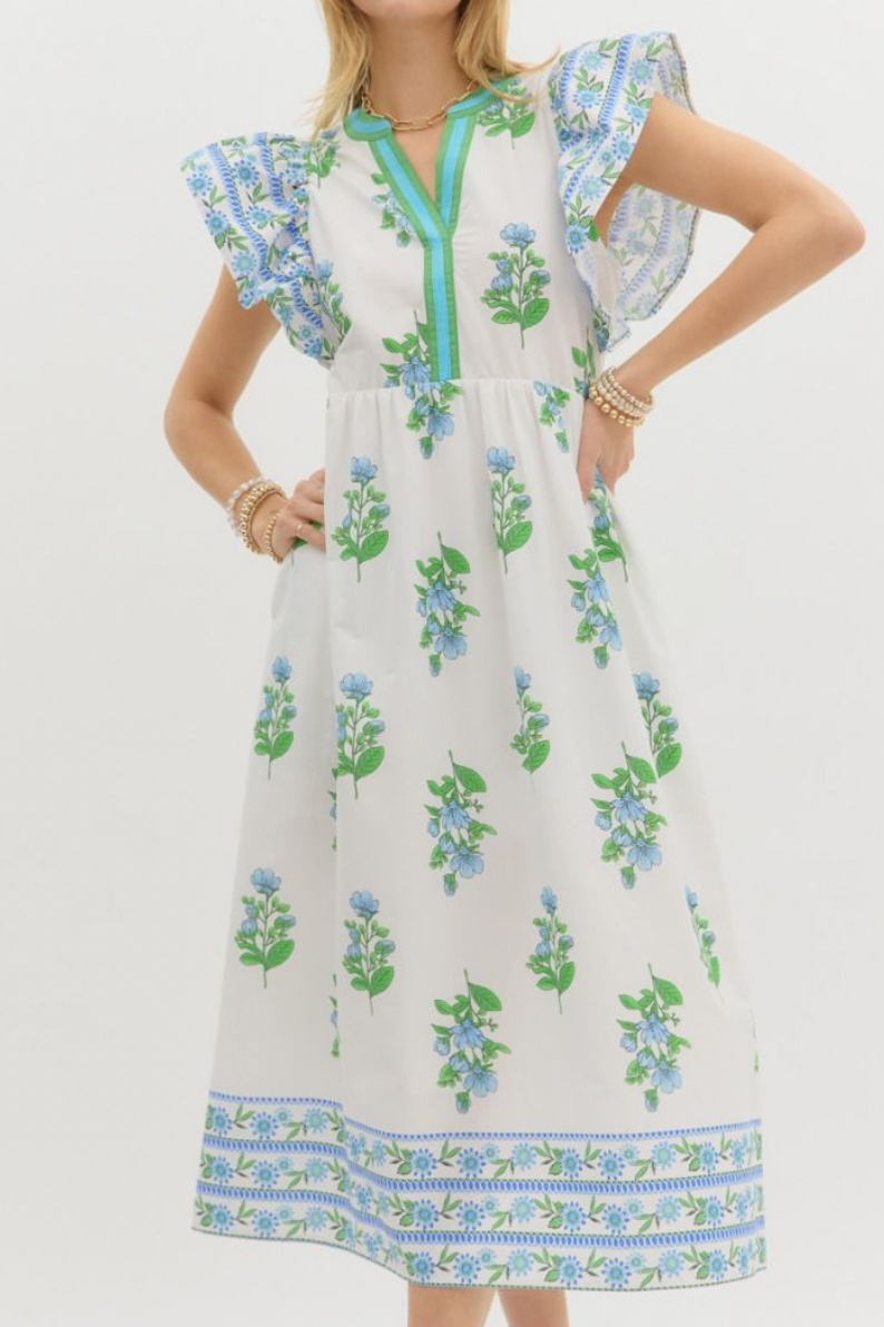 White and Blue Floral Midi Dress With Ruffle Sleeves - Kendry Collection Boutique