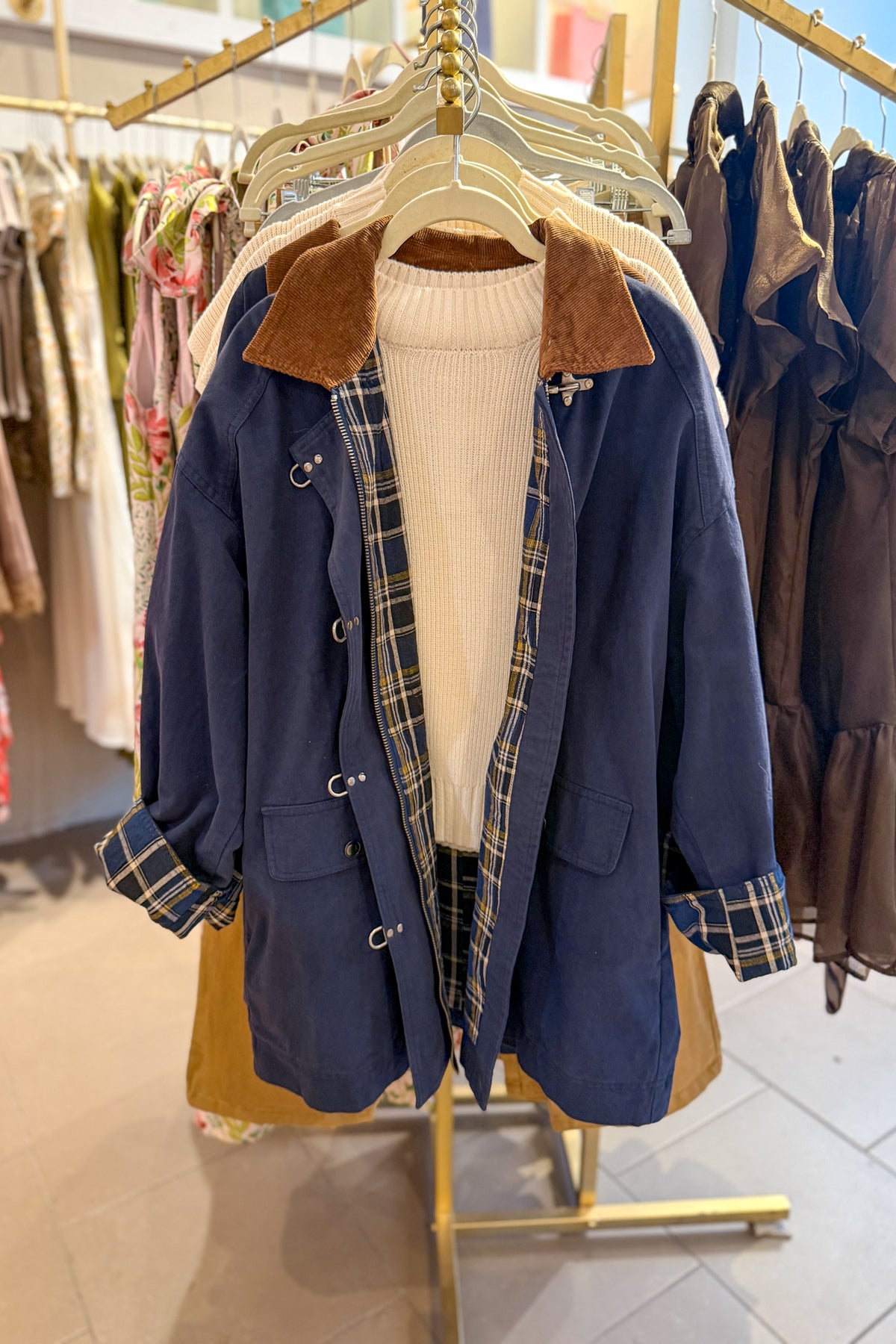 Navy Blue Plaid Lined Barn Jacket