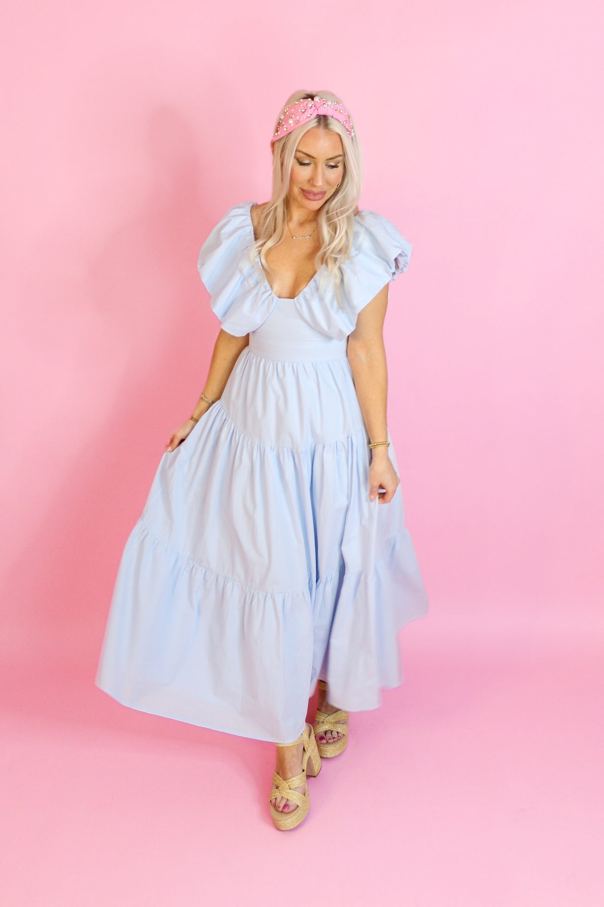 Sky Blue Puff Sleeve Maxi Dress - Kendry Boutique