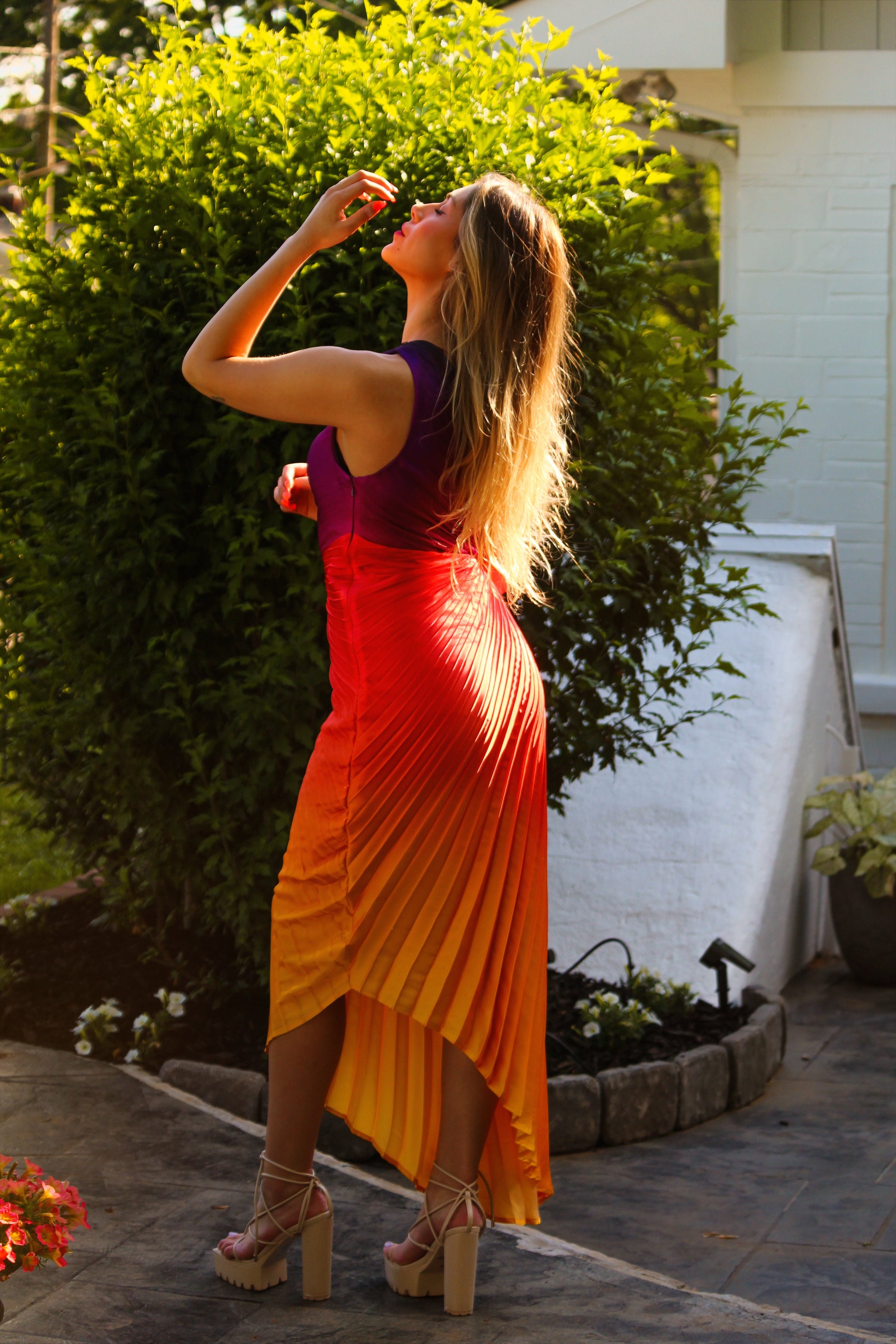 Sunset Ombre Pleated One Shoulder Cutout Midi Dress Sunset Ombre Pleated One Shoulder Cutout Midi Dress