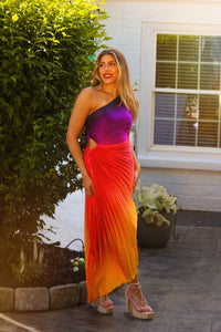 Sunset Ombre Pleated One Shoulder Cutout Midi Dress
