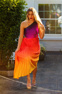 Sunset Ombre Pleated One Shoulder Cutout Midi Dress