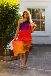 Sunset Ombre Pleated One Shoulder Cutout Midi Dress