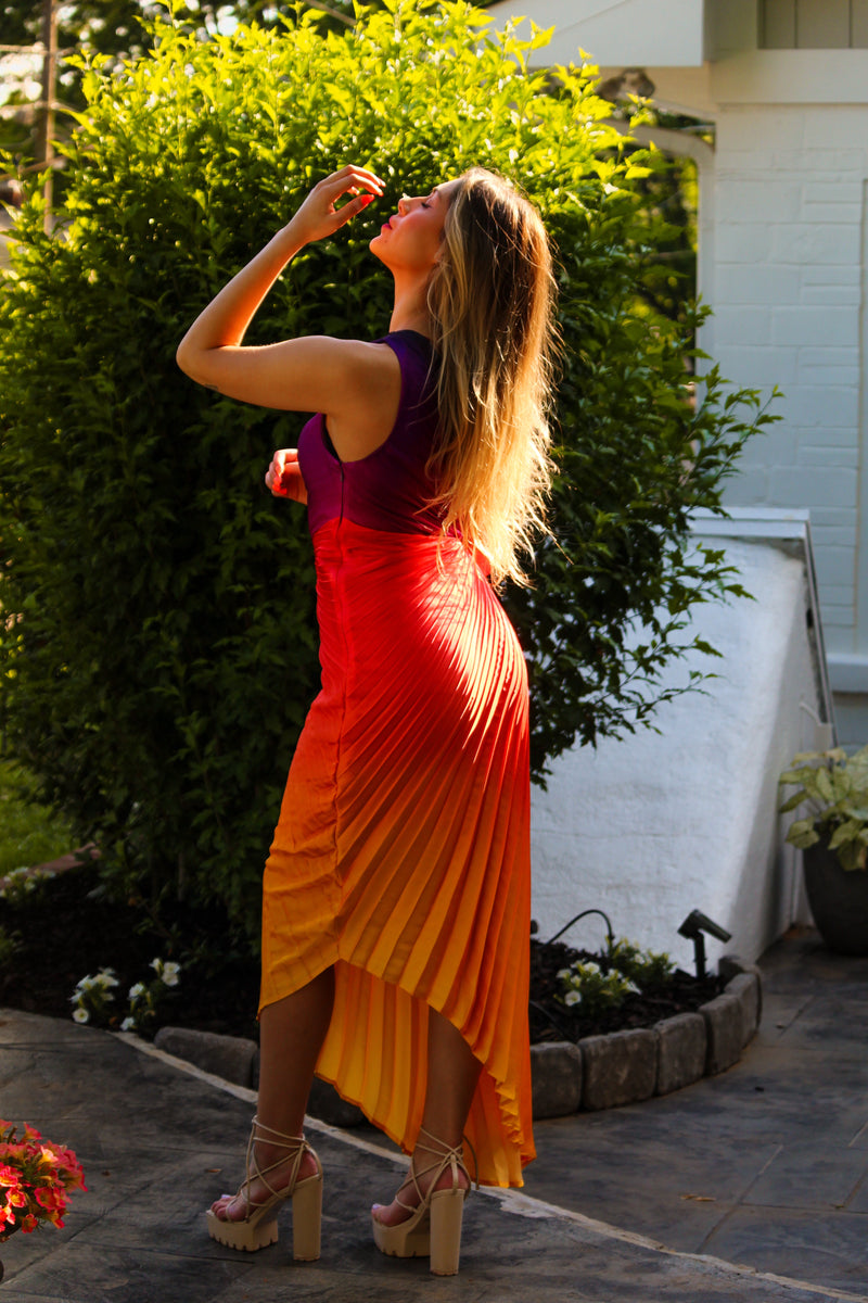 Sunset Ombre Pleated One Shoulder Cutout Midi Dress