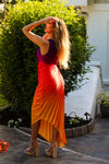 Sunset Ombre Pleated One Shoulder Cutout Midi Dress