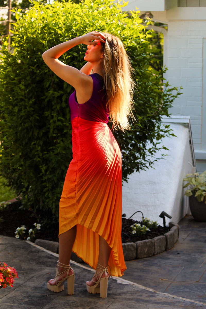 Sunset Ombre Pleated One Shoulder Cutout Midi Dress