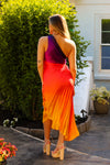 Sunset Ombre Pleated One Shoulder Cutout Midi Dress