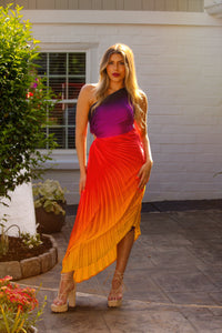 Sunset Ombre Pleated One Shoulder Cutout Midi Dress