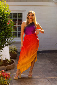 Sunset Ombre Pleated One Shoulder Cutout Midi Dress