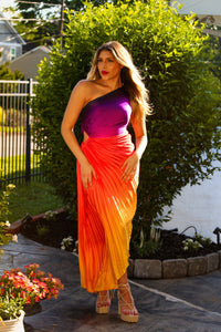 Sunset Ombre Pleated One Shoulder Cutout Midi Dress