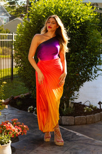 Sunset Ombre Pleated One Shoulder Cutout Midi Dress