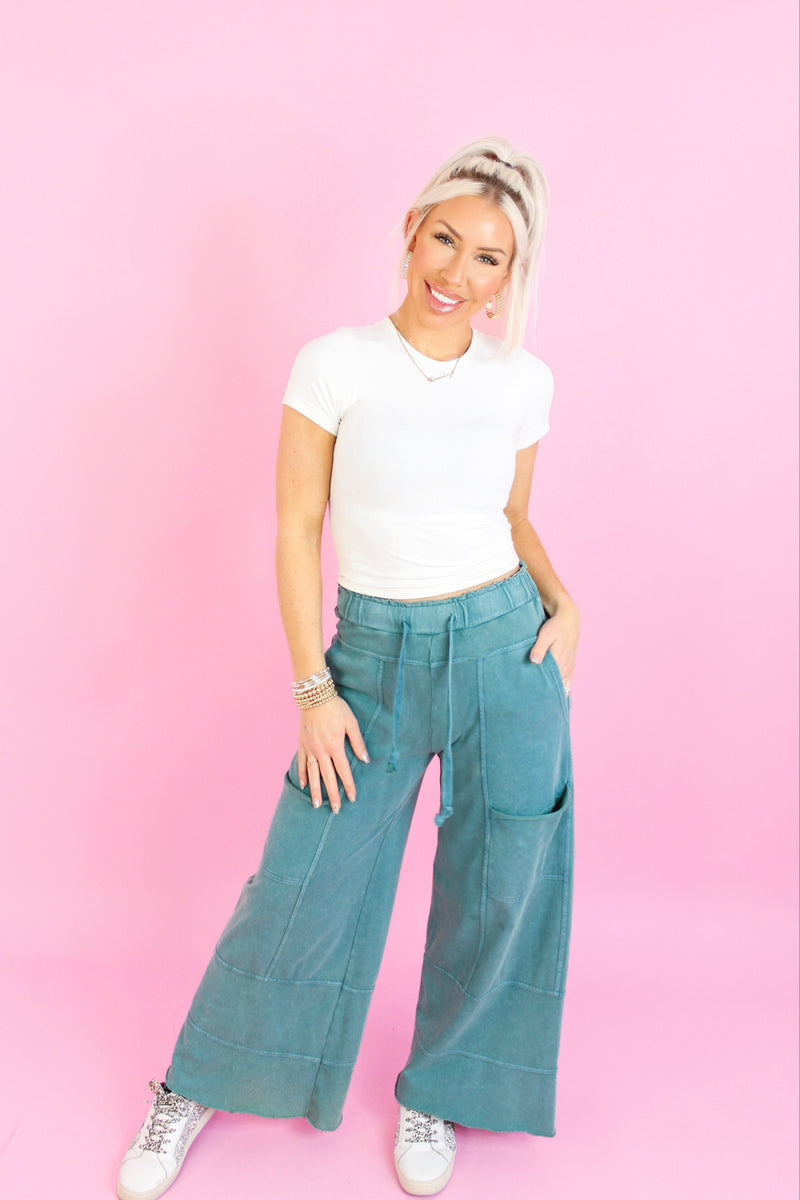 Teal Mineral Wash Cargo Pants - Shop Trendy Airport Outfits At Kendry Boutique 