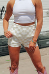 White And Gold Checkered Rhinestone Zip Shorts