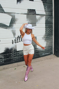 White And Gold Checkered Rhinestone Zip Shorts