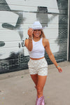 White And Gold Checkered Rhinestone Zip Shorts