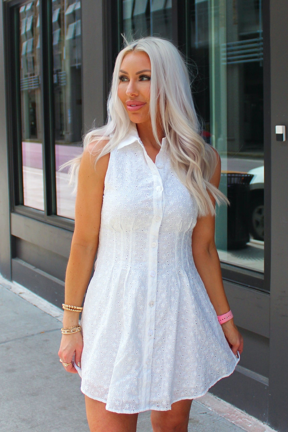 White Eyelet Floral Button Down Mini Dress - Shop White Dresses At Kendry Collection Boutique