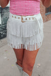 White Rhinestone Fringe Belted Skort