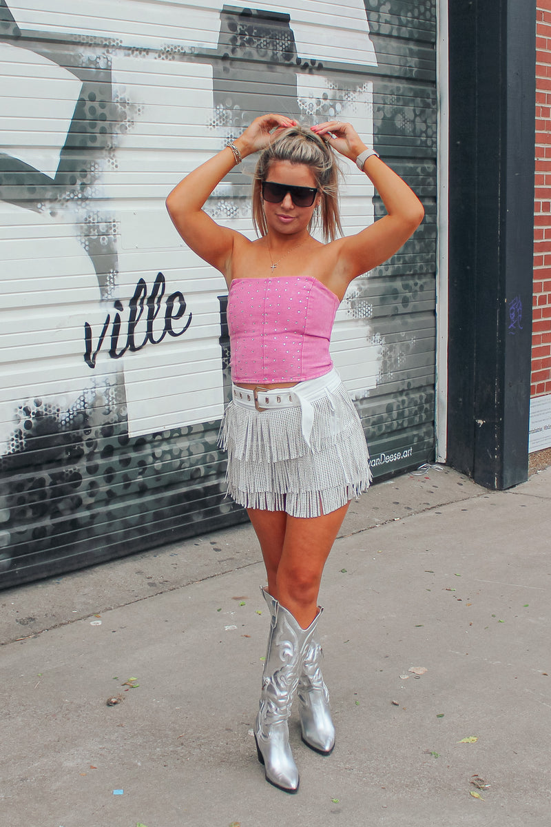 White Rhinestone Fringe Belted Skort