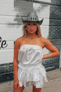 White Satin Strapless Ruffle Detail Romper