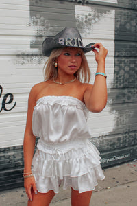 White Satin Strapless Ruffle Detail Romper