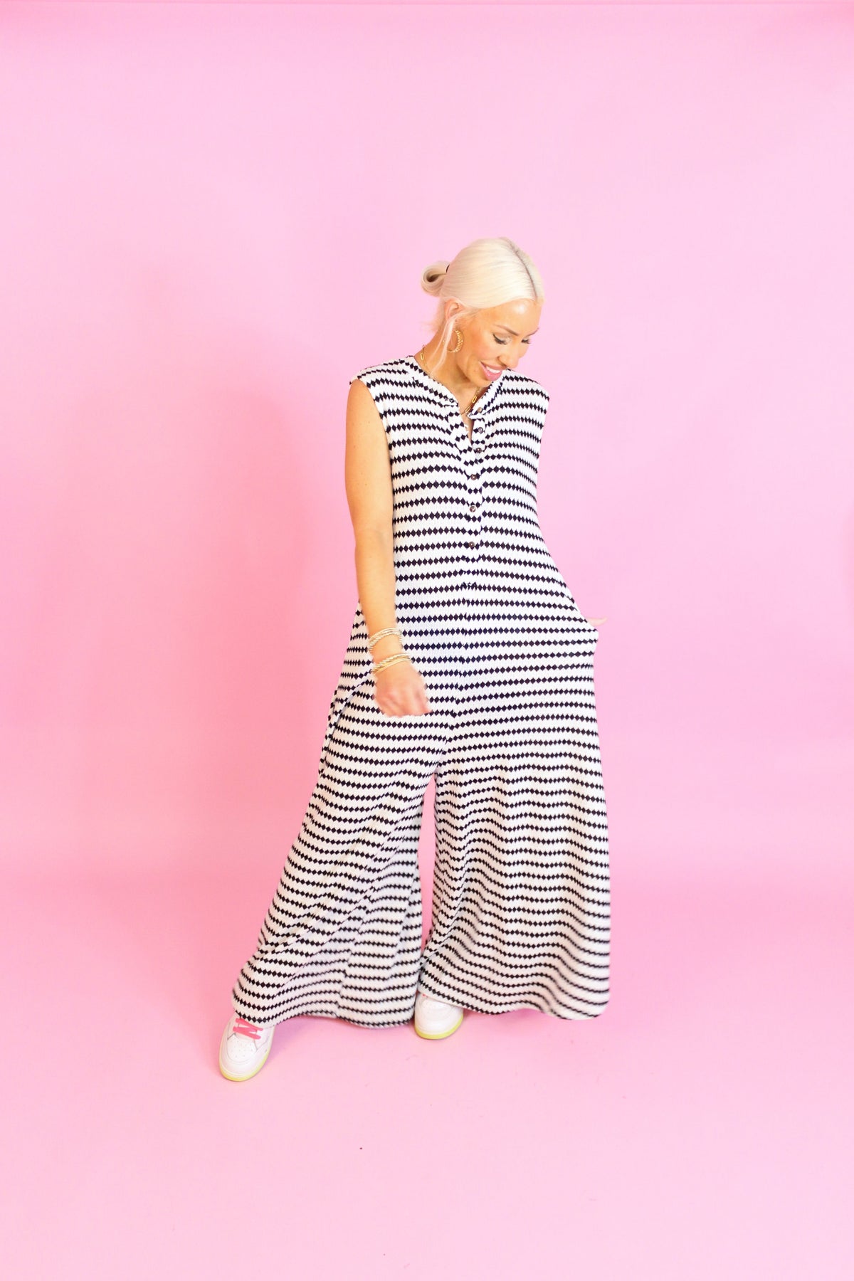 White and Black Striped Knit Wide Leg Jumpsuit - Shop Trendy Jumpsuits Now At Kendry Collection Boutique