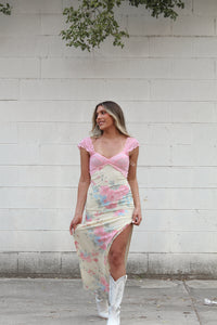 Yellow Floral Pink Lace Detail Maxi Dress - Kendry Boutique