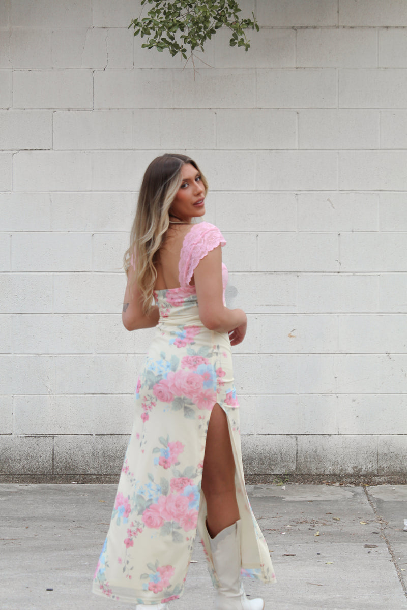 Yellow Floral Pink Lace Detail Maxi Dress - Kendry Boutique
