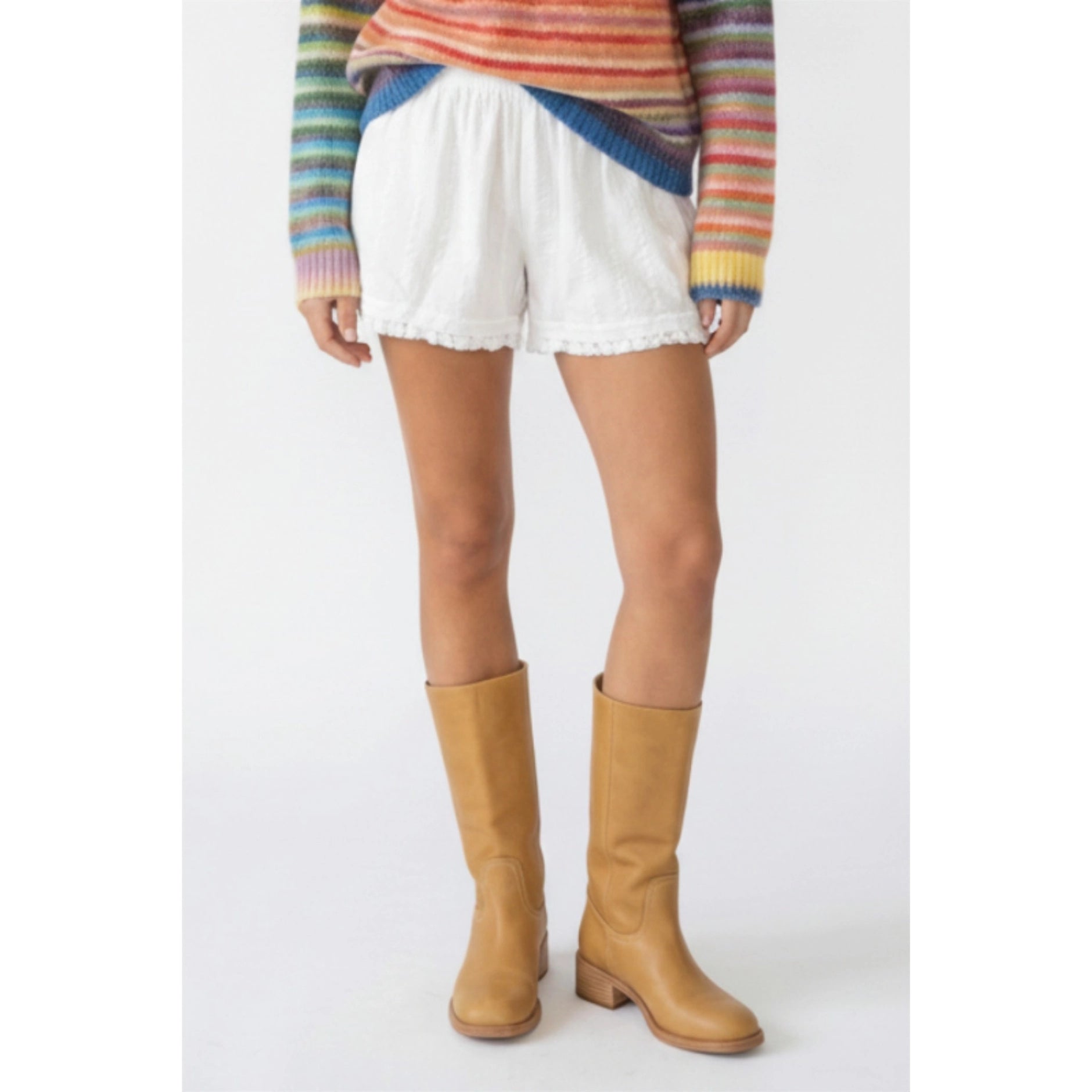 White Cotton Ruffle Hem Shorts