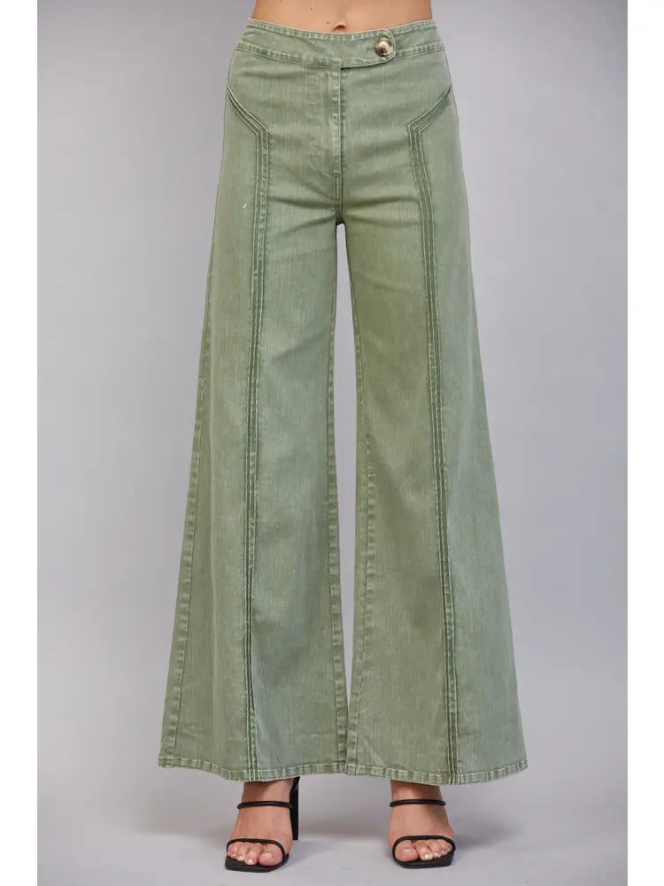 Green Contrast Topstitching Detail Flare Pants
