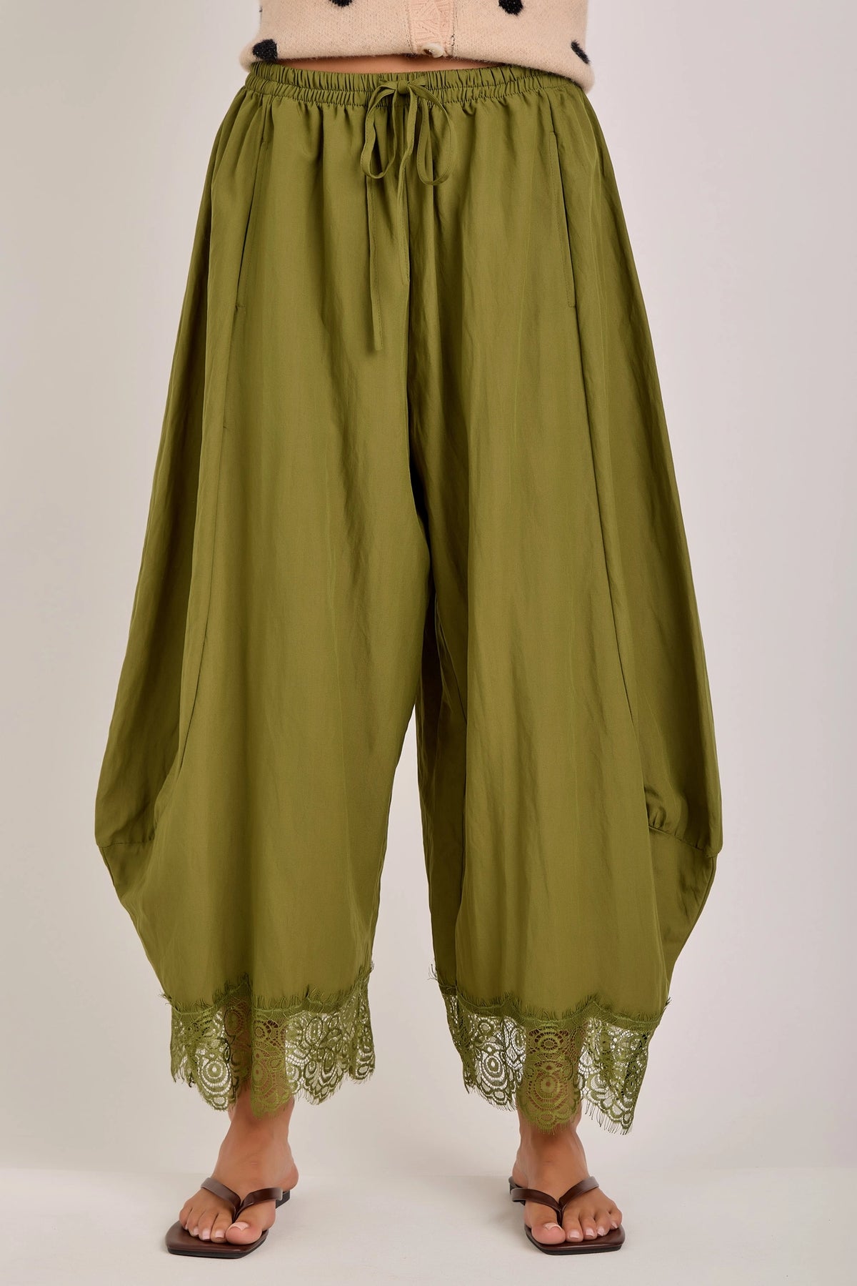 Green Lace Hem Balloon Pants