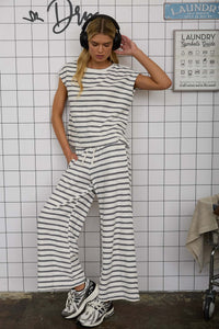 Striped Wide Leg Pants and Top Set - Navy Blue