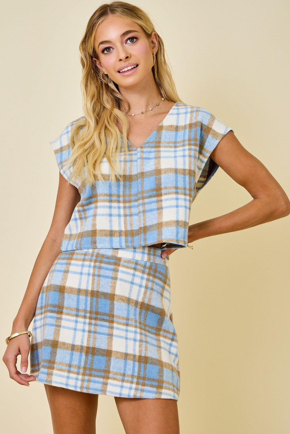 Blue Plaid Vest and Skirt Set