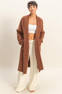 Brown Longline Open Front Knit Cardigan