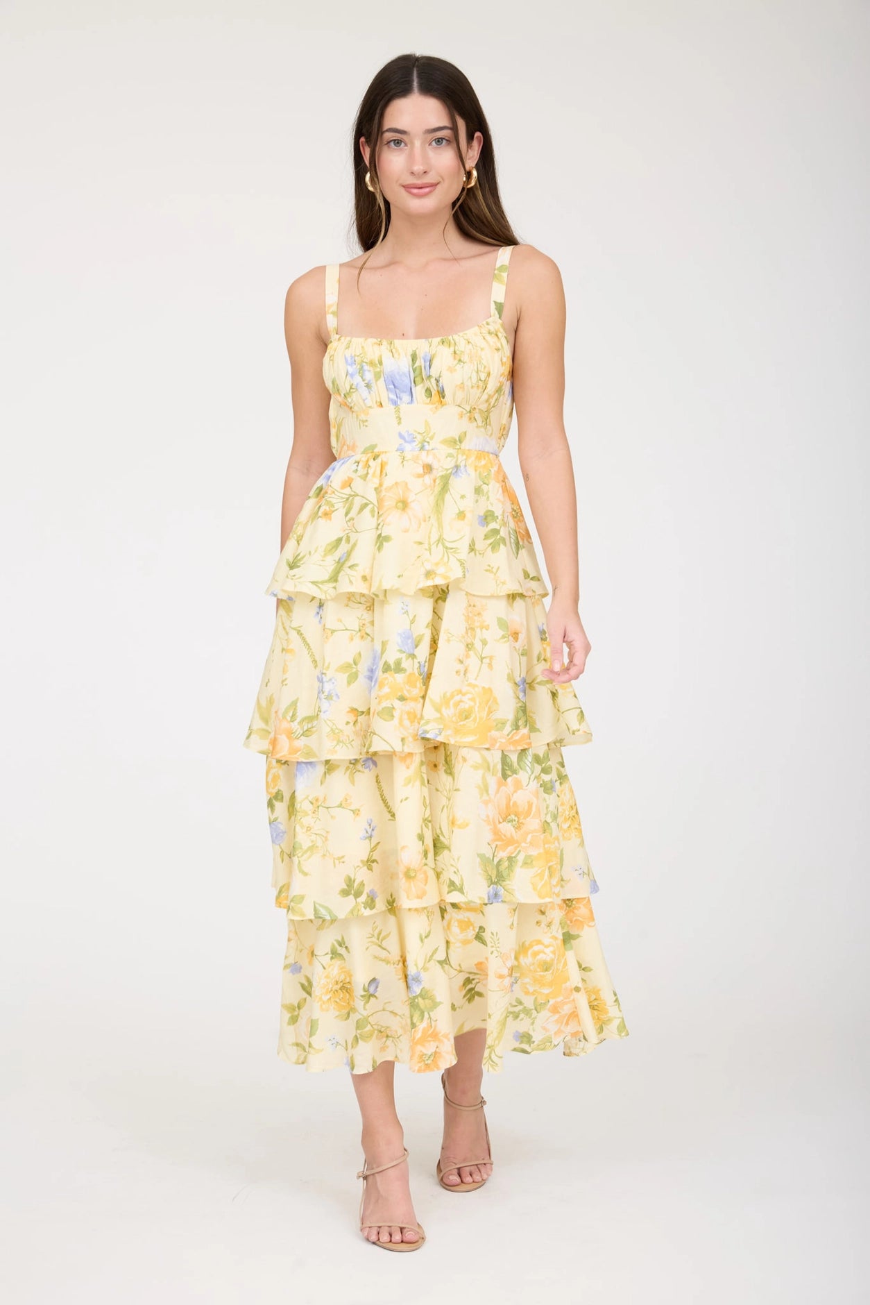 Floral Tiered Ruffle Maxi Dress - Yellow
