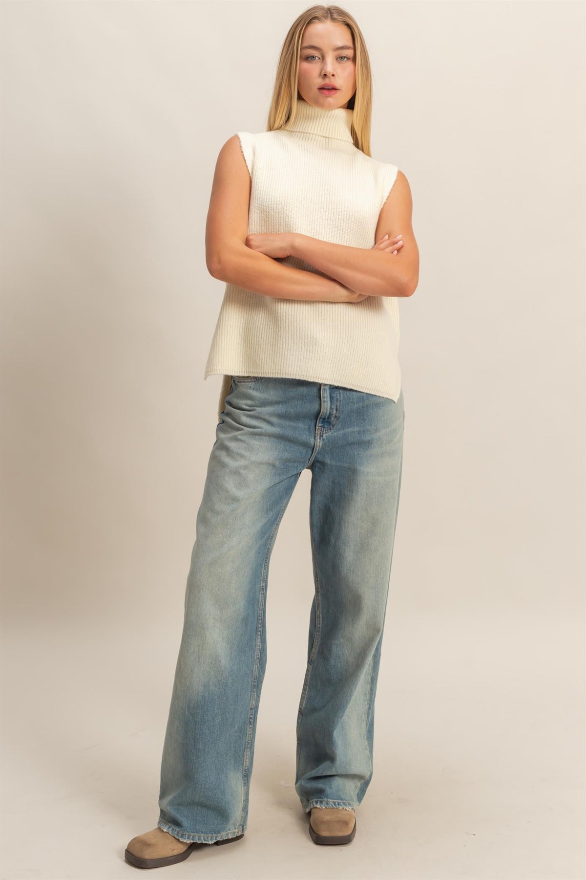 Cream Turtleneck Sleeveless Sweater