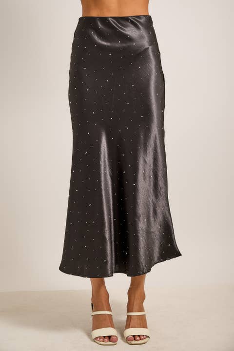 Black Rhinestone Embellished Satin Midi Skirt