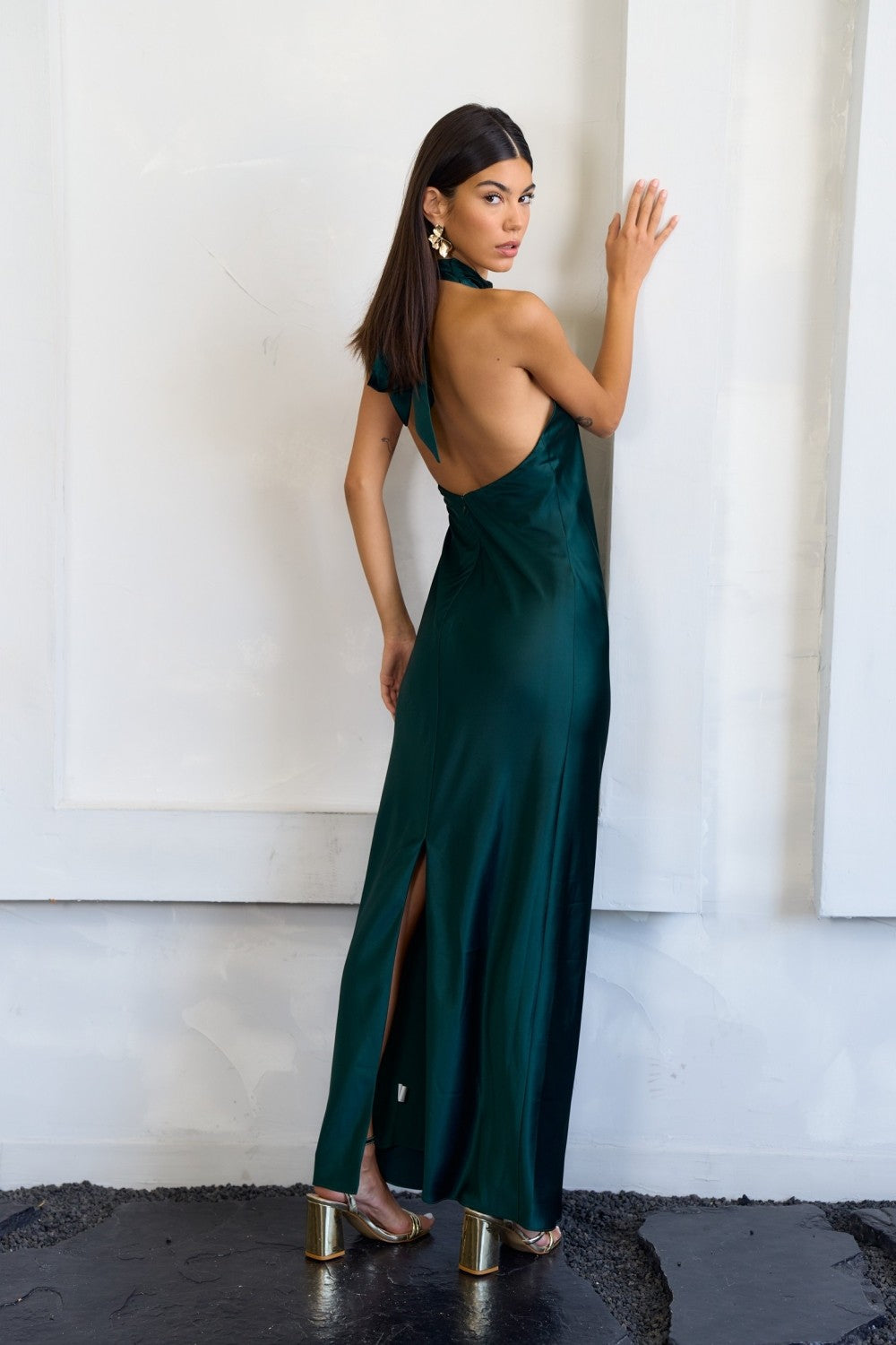 Green Satin Halter Neck Maxi Dress