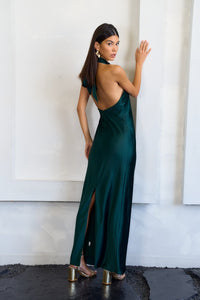 Green Satin Halter Neck Maxi Dress