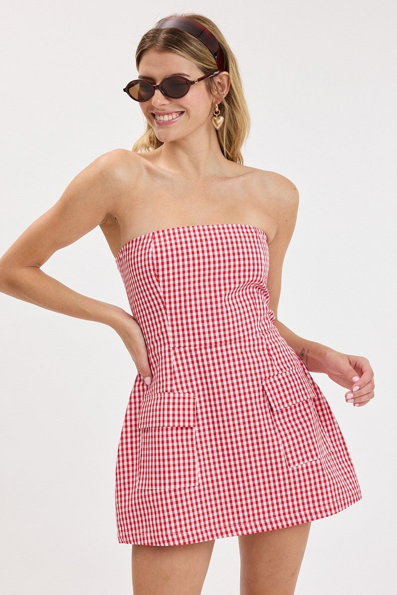 Gingham Strapless Front Pocket Mini Dress - Red