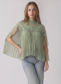 Sage Green Pleated Cape Blouse with Lace Trim