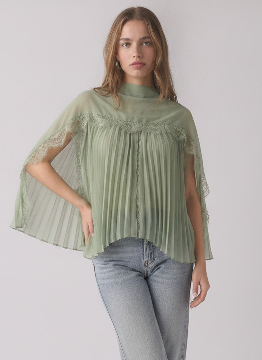 Sage Green Pleated Cape Blouse with Lace Trim