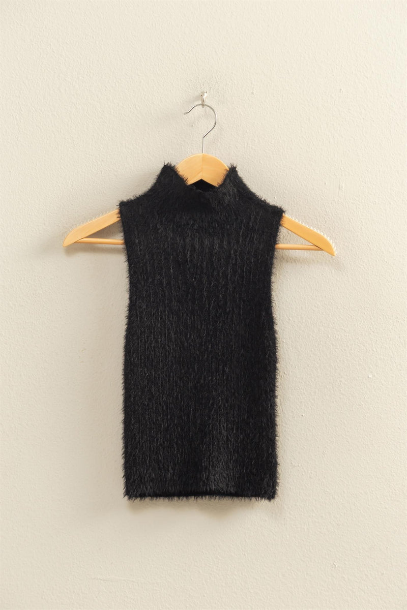 Black Fuzzy Sleeveless Mock Neck Sweater