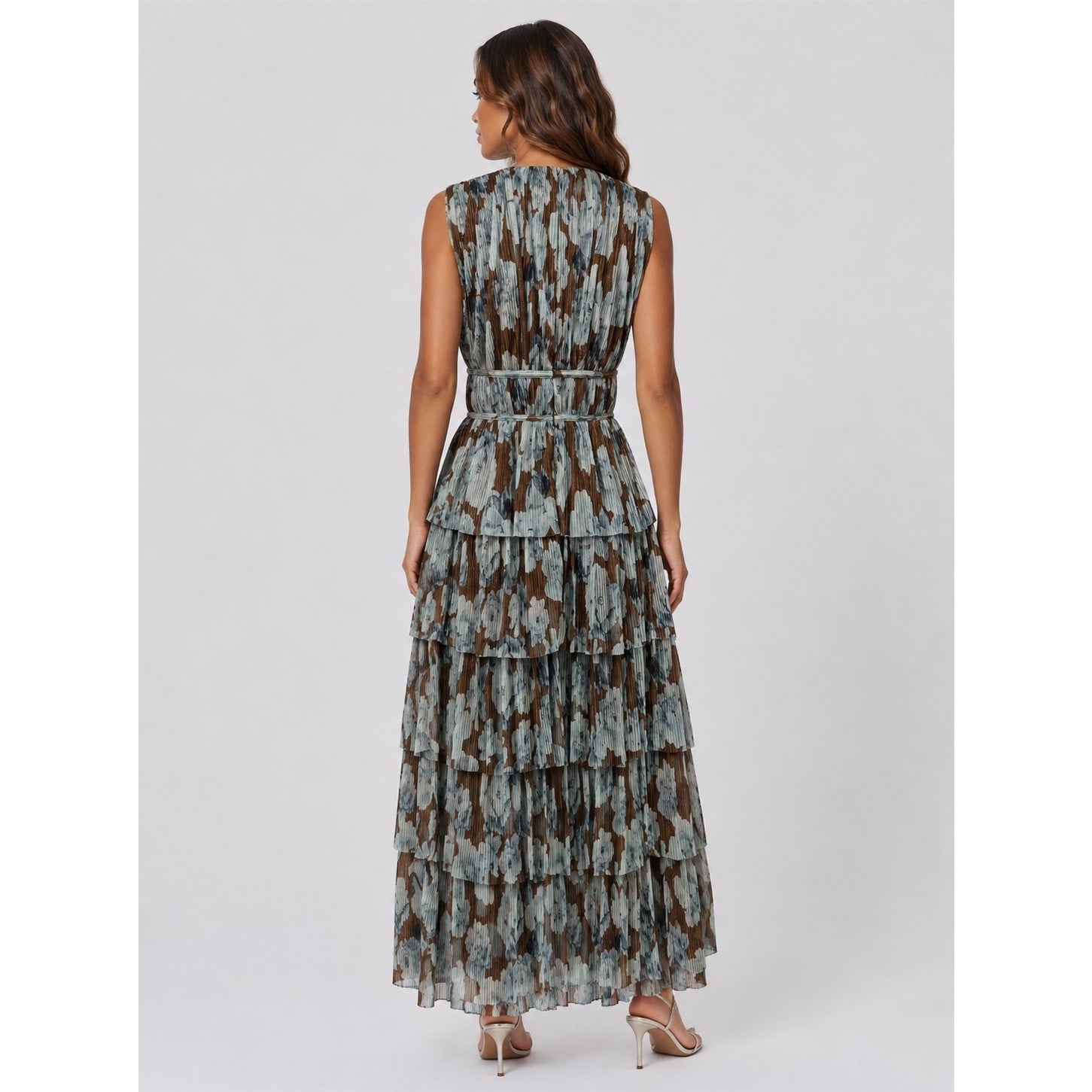 Brown Floral Plissé Pleated Maxi Dress